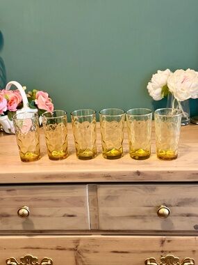 Vtg Hazel-Atlas Amber Honeycomb Glasses Set 6 MCM Tumblers